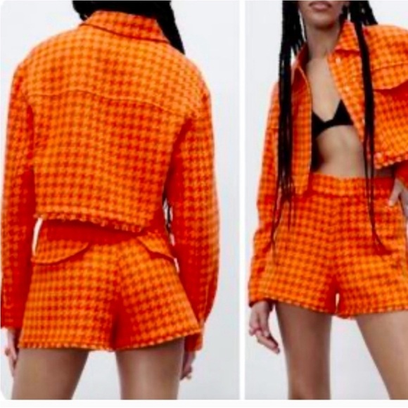 Zara Textured Houndstooth Shorts in Orange - Picture 3 of 8